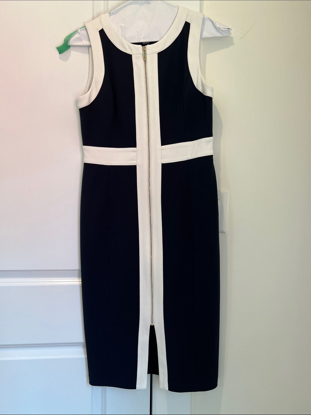 Tommy Hilfiger Navy and White Zip-Front Midi Sheath Dress